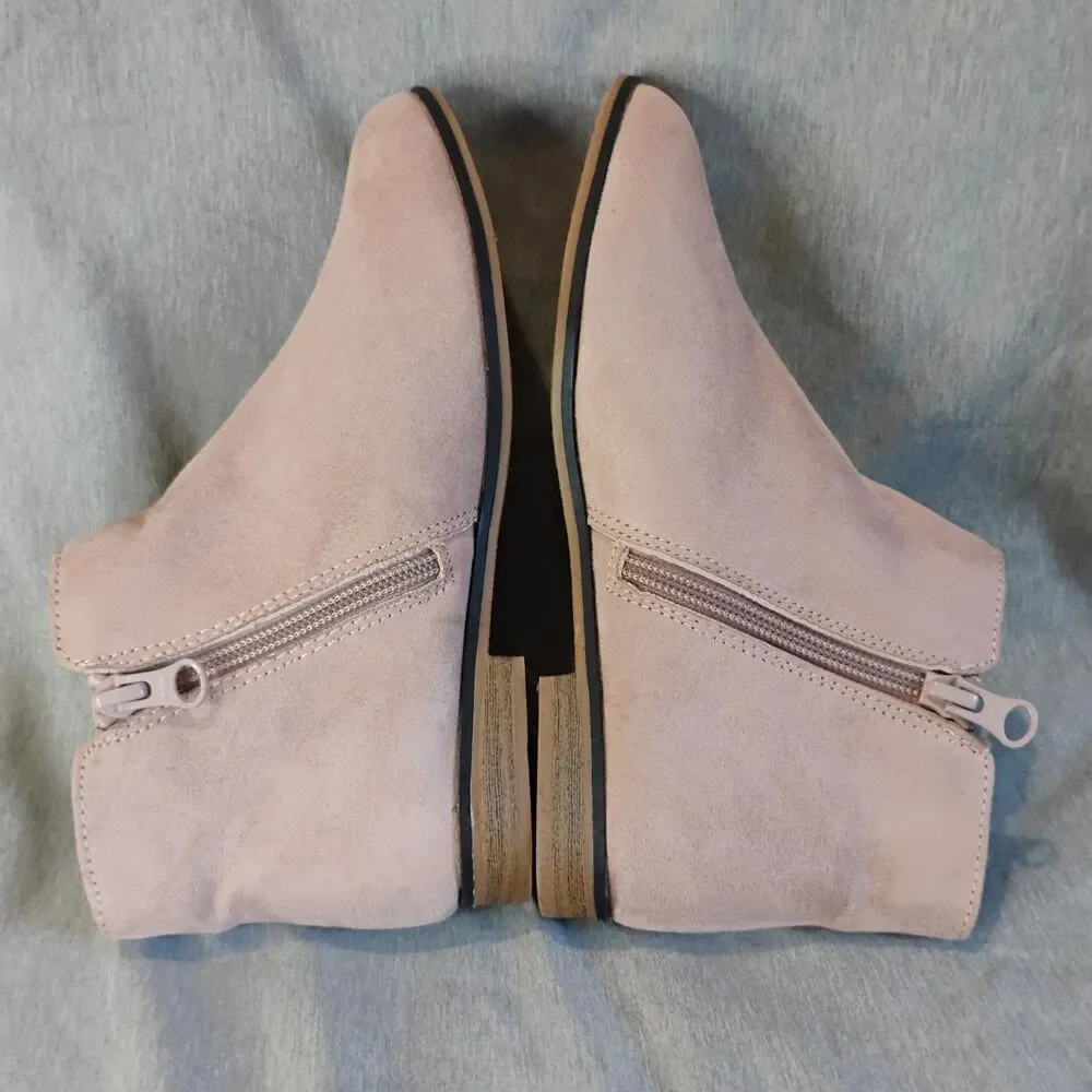 Cat & Jack Pink Suede Ankle Booties Girls Size 3 Side Zipper Low Heel Flat Shoes